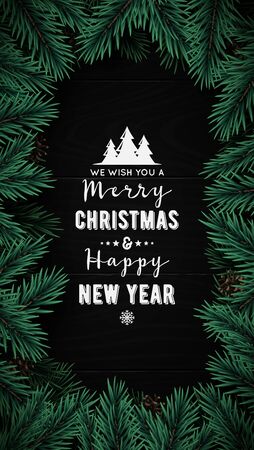 Vertical christmas tree branches frame on black wooden backdrop. Christmas vector design template for social media advertising.のイラスト素材
