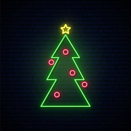 Neon Christmas tree sign. Bright lightning signboard with christmas tree silhouette on dark brick wall background.のイラスト素材