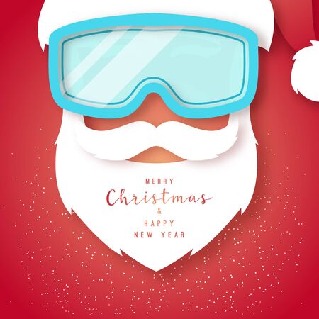 Santa Claus with white beard wearing red hat and snowboard mask. Paper cut style. Hipster in suit Santa Claus. Merry Christmas and Happy New Year vector illustration.のイラスト素材