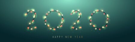 2020 New Year from bright garlands isolated on green background. Transparent decorative garland....