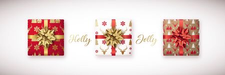 Set of decorative Christmas gifts box. Scandinavian Wrapped Gifts box. Vector New year holiday gifts...