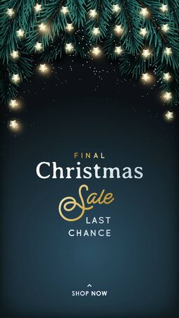 Vertical Christmas Sale banner. Holiday design with fir tree and lights garland. Great for banners, flyers, social media.のイラスト素材