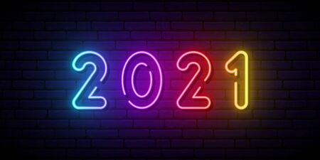 2021 neon signboard. Bright colorful sign. Festive vector banner. のイラスト素材