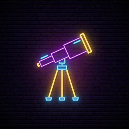 Telescope neon sign. Vector bright light telescope design on dark brick wall background. のイラスト素材
