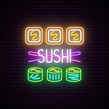 Sushi rolls with chopsticks neon signboard. Bright neon sign. Japanese cuisine. Vector illustration.のイラスト素材