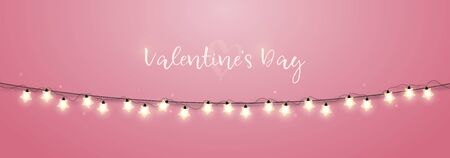 Valentine's day long banner. Festive sparkling lights garland on pink background. Vector design template for website headers.のイラスト素材