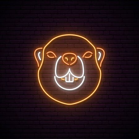 Groundhog day neon sign. Bright light Groundhog silhouette on brick wall. Vector banner.のイラスト素材