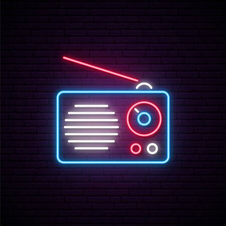 Neon radio sign. Vector radio receiver illustration in bright neon style. Concept design for World Radio Day.のイラスト素材