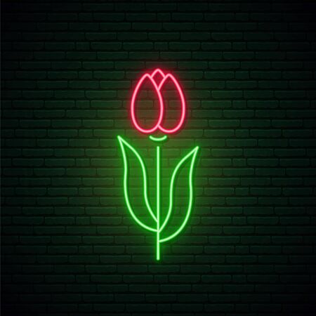 Red tulip flower neon sign. Bright light spring blooming flower illustration. Vector illustration in neon style.のイラスト素材