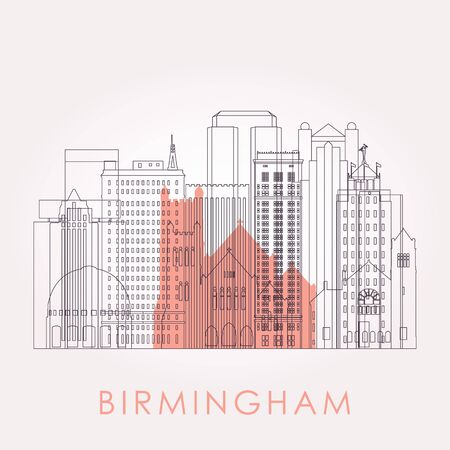 Outline Birmingham, Alabama skyline with landmarks. Vector illustration. Business travel and tourism concept with historic buildings. Image for presentation, banner, placard and web site.のイラスト素材