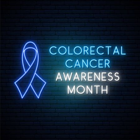 Colorectal Cancer day neon signboard. Horizontal banner Colorectal Cancer awareness month. Neon Blue ribbon symbol. Vector illustration.のイラスト素材