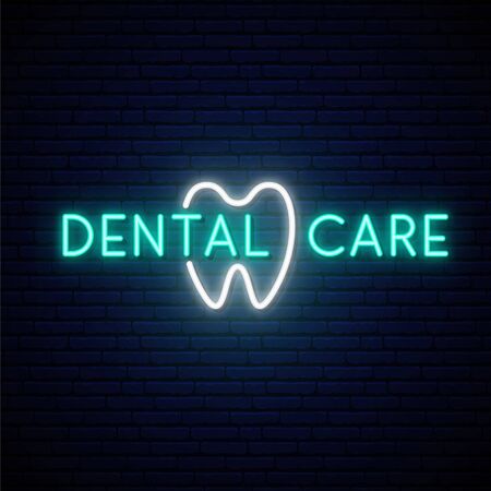 Dental Care neon signboard. Stomatology and dental clinic advertising design. White neon tooth symbol.  のイラスト素材