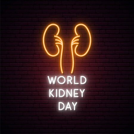 World Kidney Day neon banner. Glowing medical sign. Neon Kidney symbol. Vector illustration.のイラスト素材