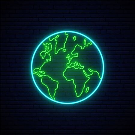 Planet Earth neon sign. Shiny Planet Earth silhouette on dark brick wall background. Concept banner for Earth day. Stock vector illustration in trendy neon style.のイラスト素材