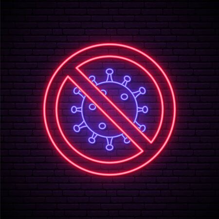 Stop coronavirus neon sign. Coronavirus outbreak. Bright light virus caution signboard. Pandemic medical concept with dangerous cells. Vector illustration.のイラスト素材