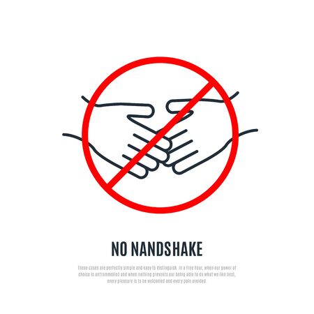 No Handshake warning sign. Healthcare concept. Line vector illustration isolated on white background. Prevent Coronavirus.のイラスト素材