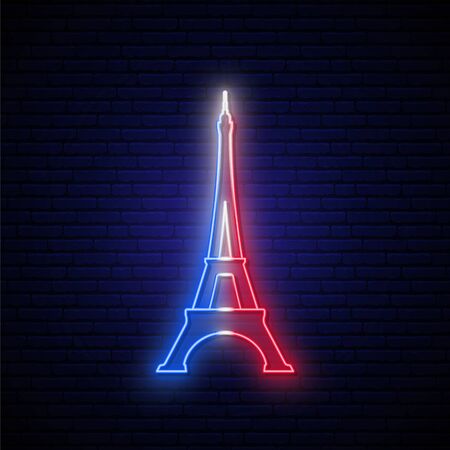 Eiffel Tower neon sign. Bright night signboard with glowing Paris symbol. Stock vector illustration in neon style.のイラスト素材