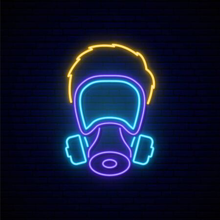 Man in gas mask neon sign. Bright light gas mask illustration. Coronavirus pandemic prevention.  Vector illustration.のイラスト素材