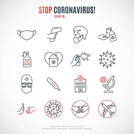 Set of Covid-19 protection icons. Coronavirus awareness simple line icon collection. Stay Home, Hands Wash, Wear Face Mask etc. Vector illustration.のイラスト素材