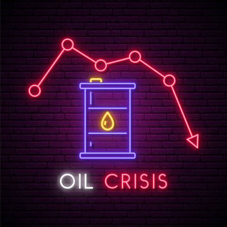 Oil crisis neon sign. Bright light oil barrel symbol on dark brick wall background. Stock vector illustration in neon style.のイラスト素材