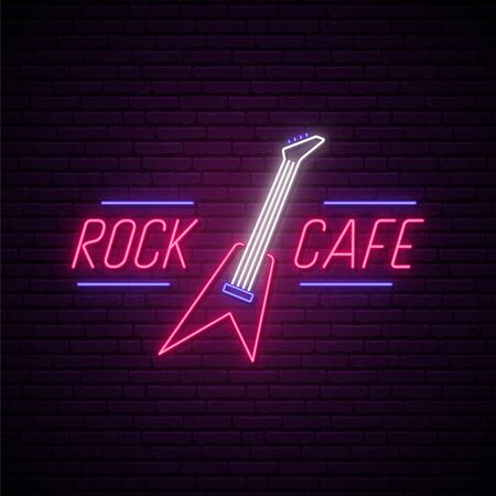 Rock cafe neon sign. Light night signboard with guitar for bar, cafe, karaoke. Bright emblem for music band, party, concert. Vector illustration in neon style.のイラスト素材