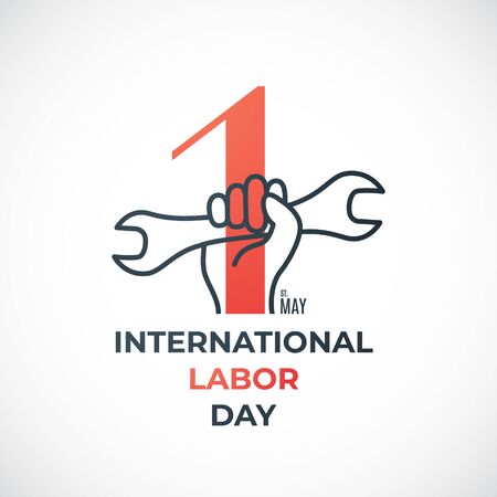 Labor Day concept banner with red number 1 and hand holding wrench. 1st may, Labor Day. Stock vector illustration.のイラスト素材