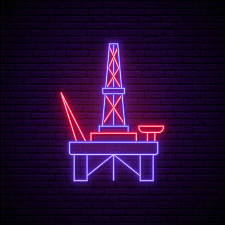 Neon derrick sign. Bright oil derrick symbol on dark brick wall background. Stock vector illustration.のイラスト素材