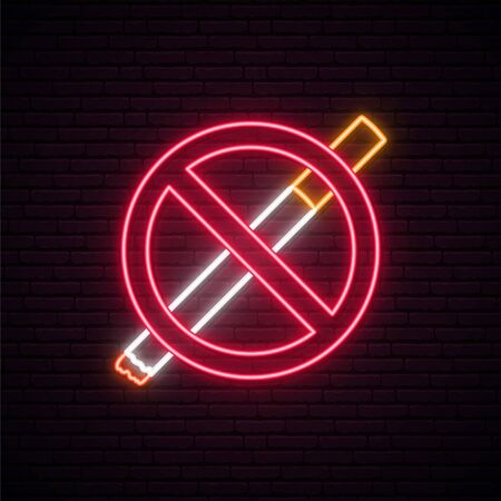 Forbidden no smoking neon sign. Bright light signboard. World no tobacco day.  No smoking symbol with a cigarette in a crossed red prohibition circle.のイラスト素材
