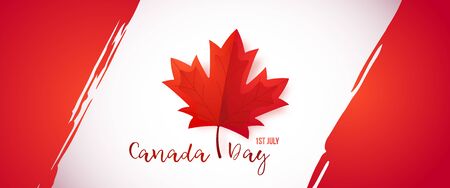 First of July, Canada Day. Long greeting banner with red maple leaf for Canada day celebration. Canadian flag, vector illustration.のイラスト素材