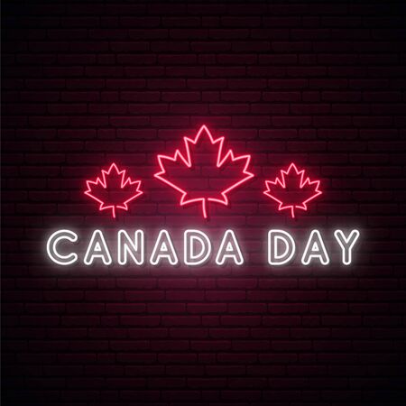 Happy Canada Day neon signboard. Bright light banner with red maple leaves and text. Vector illustration.のイラスト素材