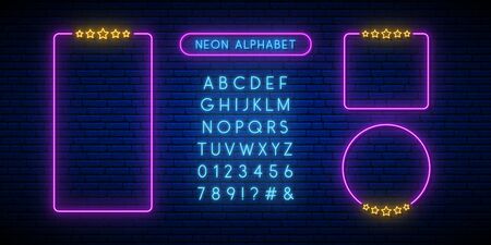 Neon rating sign. Bright blue neon font. Set of neon frames and english alphabet on a dark brick background. Vector neon design template.のイラスト素材