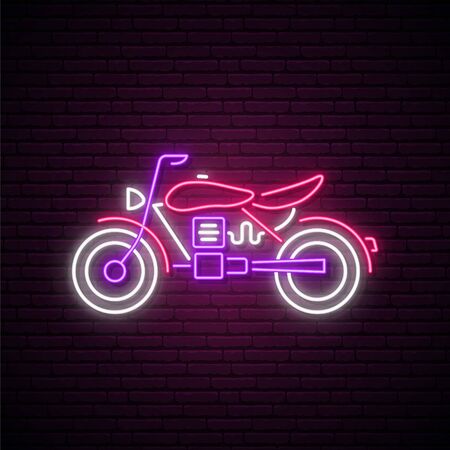 Neon motorcycle sign. Bright neon motorcycle emblem on dark brick background. Vector illustration.のイラスト素材
