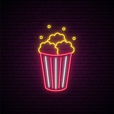 Neon Popcorn sign. Bright glowing popcorn icon on dark brick background. Vector illustration.のイラスト素材