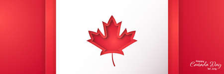 Happy Canada Day long horizontal banner in paper art style. Red Canadian maple leaf shape. Vector background.のイラスト素材