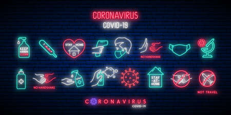 Set of Covid-19 protection icons in neon style. Coronavirus awareness simple line icon collection. Glowing neon signboard. Stay Home, Hands Wash, Wear Face Mask etc. Vector illustration.のイラスト素材