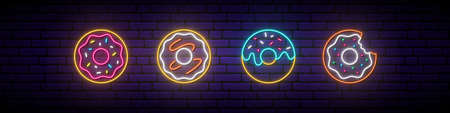 Neon donut sign. Glowing neon donut icons on dark brick wall background. Neon signboard. Donut emblem. Vector illustration.のイラスト素材