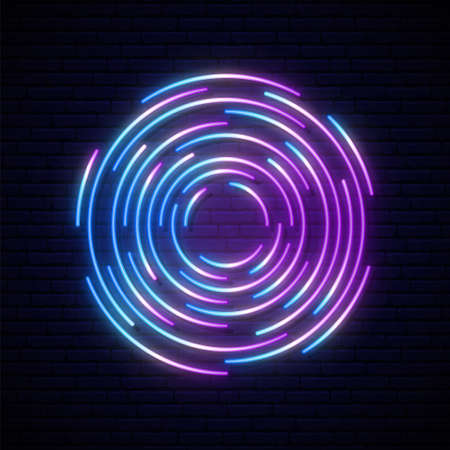 Neon portal sign. Glowing futuristic design. Colorful neon circles on dark brick wall background. Stock vector illustration.のイラスト素材