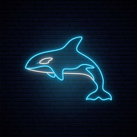 Blue whale neon sign. Glowing whale emblem on dark brick wall background. Vector illustration.のイラスト素材