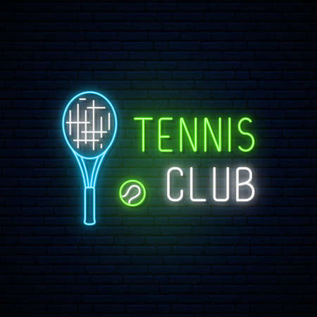 Neon tennis club sign. Glowing neon ball and racket icons for playing tennis. Bright light signboard. Vector illustration.のイラスト素材