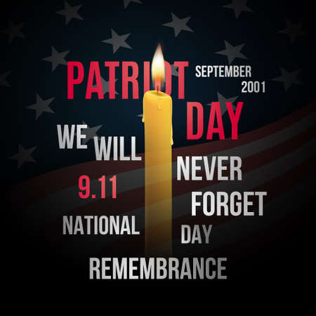Vector concept design for Patriot day with flag of usa, candles and text. We will never forget, 9/11...