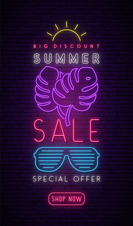Neon Summer Sale signboard. Bright advertising banner in neon style. Vector Sale template for social media, flyers, posters, mobile app.のイラスト素材