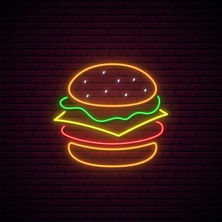 Neon burger sign. Glowing burger emblem isolated on dark brick wall background. Concept fast food logo. Vector illustration.のイラスト素材