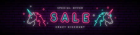 Neon Sale sign. Bright glowing promotion design template.のイラスト素材