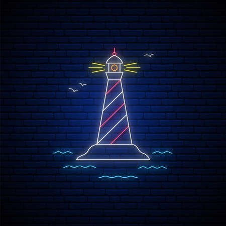Lighthouse neon sign. Glowing lighthouse emblem. Neon signboard with coast and lighthouse. Vector illustrationのイラスト素材