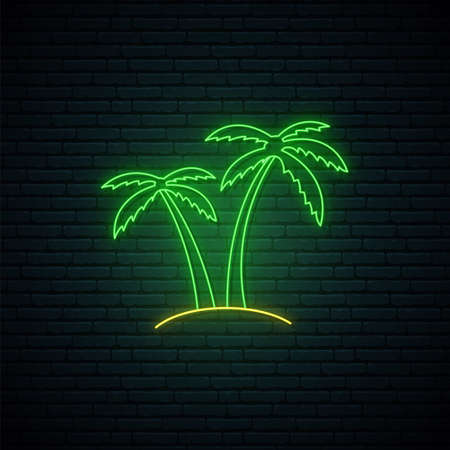 Neon palm sign. Glowing neon palm emblem on dark brick wall background. Bright light signboard with tropical palms. Vector illustration.のイラスト素材
