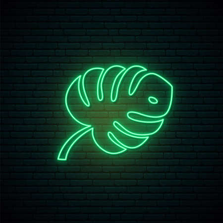 Palm leaf neon sign. Neon signboard. Bright neon monstera leaves on dark brick background. Vector illustration.のイラスト素材