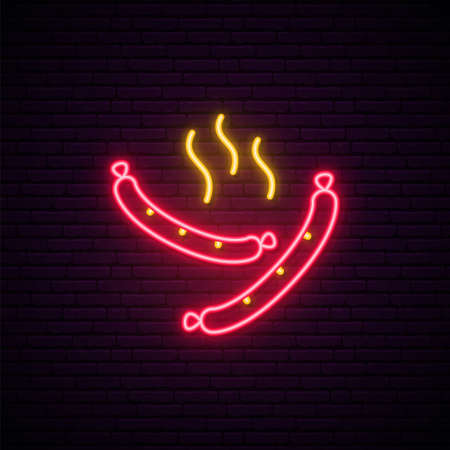 Neon sausage sign. Line street fast food emblem. Glowing frankfurter icon on brick wall background. Vector concept for cafe, stall, delivery.のイラスト素材