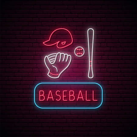 Neon Baseball signs set. Softball icons. Baseball bat, ball, glove and cap icon in neon style. Sport glowing light signboard. Stock vector illustration.のイラスト素材