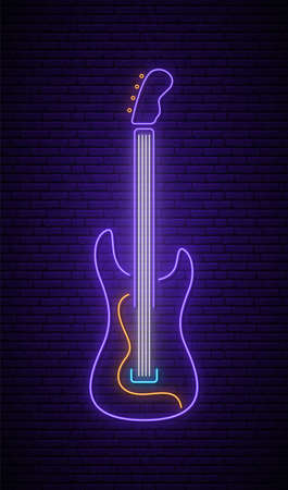 Neon guitar sign. Light neon signboard. Glowing rock guitar icon on dark brick wall background. Vector illustration.のイラスト素材