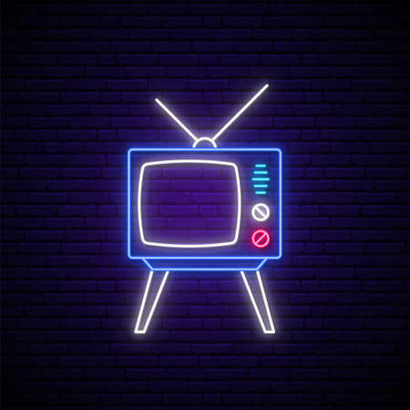 Retro TV neon sign. Glowing neon TV Show emblem isolated on dark brick wall background. Vector illustration.のイラスト素材